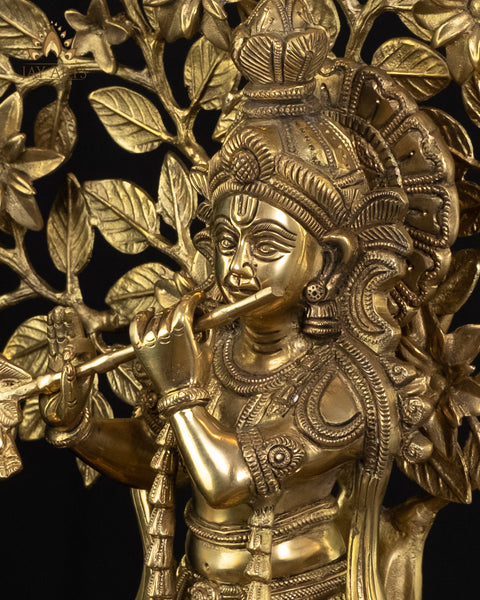 16" Lord Krishna Standing Under a Tree with Peacocks - Brass Krishna Statue