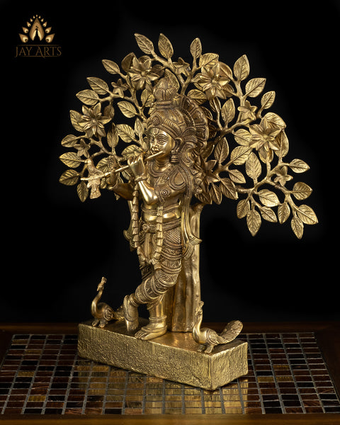 16" Lord Krishna Standing Under a Tree with Peacocks - Brass Krishna Statue