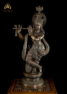 35" Sri Krishna Playing Flute - Brass Krishna Statue