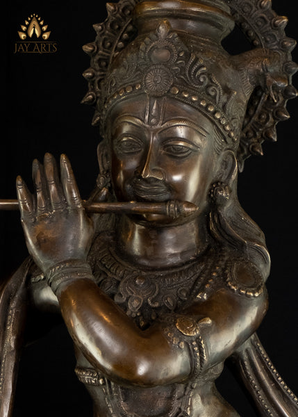 35" Sri Krishna Playing Flute - Brass Krishna Statue