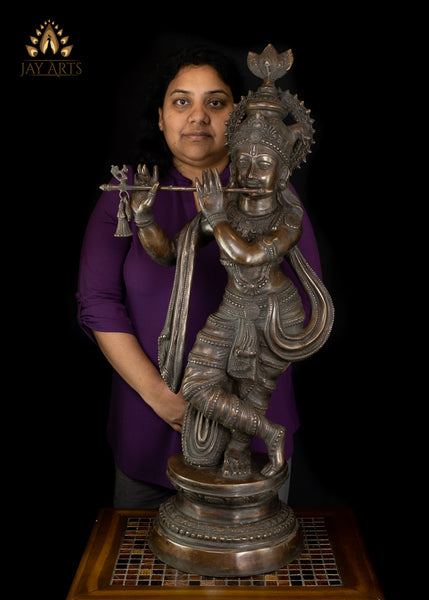 35" Sri Krishna Playing Flute - Brass Krishna Statue