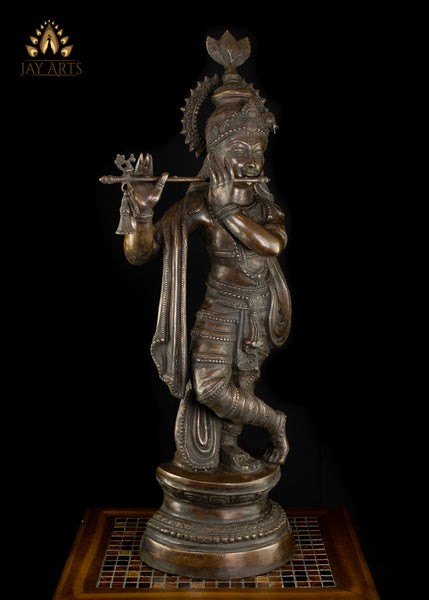 35" Sri Krishna Playing Flute - Brass Krishna Statue