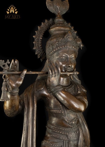 35" Sri Krishna Playing Flute - Brass Krishna Statue