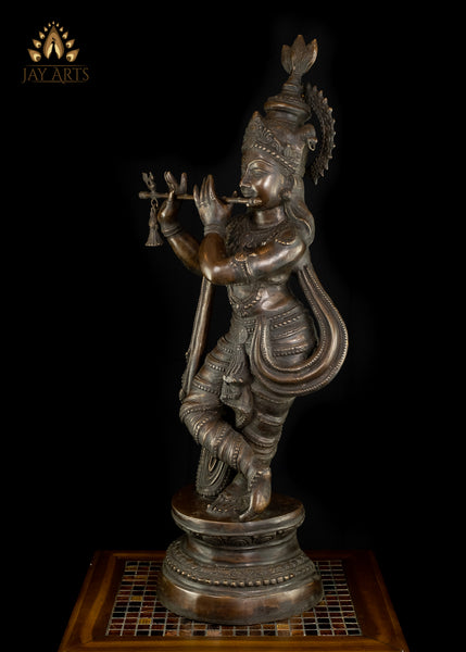35" Sri Krishna Playing Flute - Brass Krishna Statue