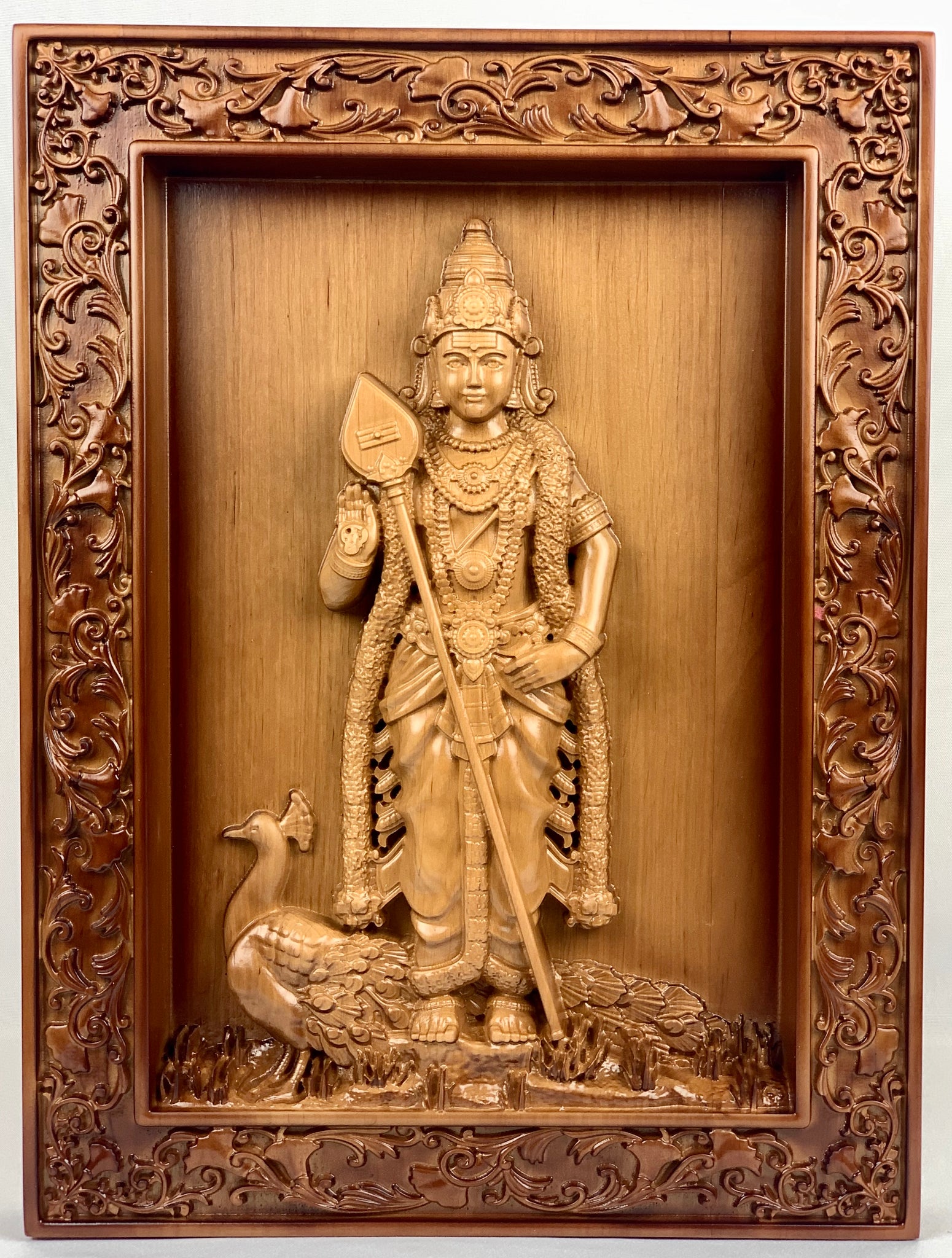 Lord Karthikeya wood carving - Alder wood panel 18" x 13"