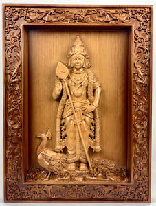 Lord Karthikeya wood carving - Alder wood panel 18" x 13"