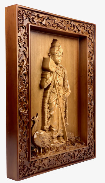 Lord Karthikeya wood carving - Alder wood panel 18" x 13"