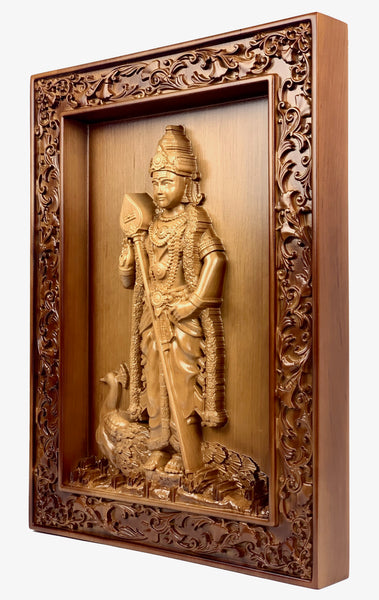 Lord Karthikeya wood carving - Alder wood panel 18" x 13"