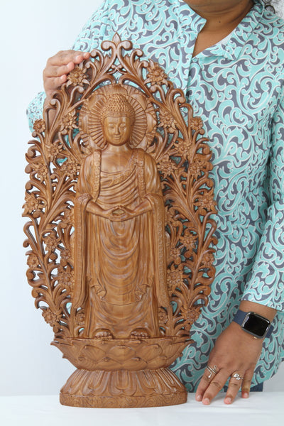 Standing Buddha in a floral frame - Ash wood panel