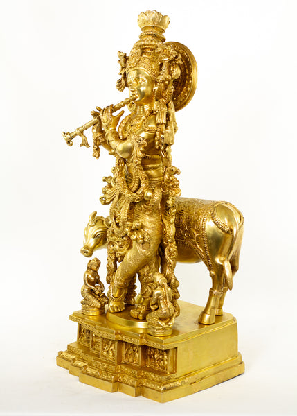 Lord Venugopala with a Cow 28" - A Resplendent Statue of Lord Krishna