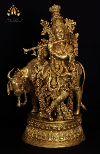 Sri Krishna with a cow 28" Brass Statue