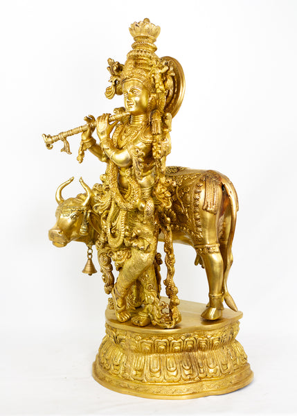 Sri Krishna with a cow 28" Brass Statue