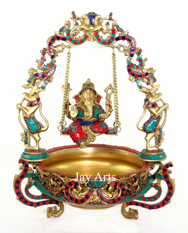 Jhoola Ganesh Urli - Lord Ganesha on a swing with a Urli