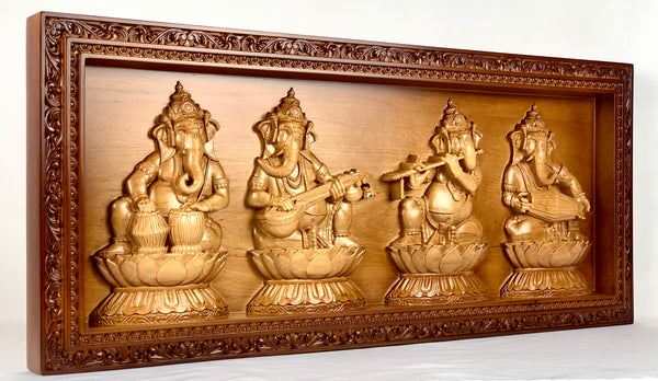 Lord Ganesh Musical Panel 12" x 28" - A wood panel of the Musical Vignahartas