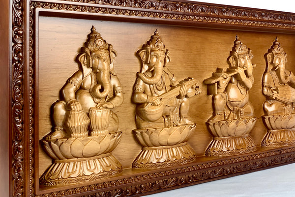 Lord Ganesh Musical Panel 12" x 28" - A wood panel of the Musical Vignahartas