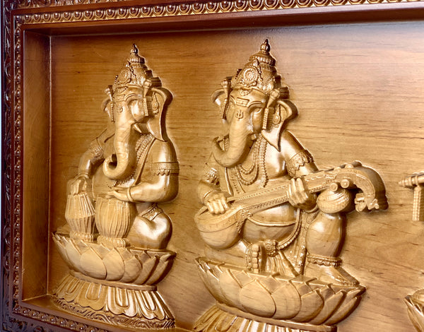 Lord Ganesh Musical Panel 12" x 28" - A wood panel of the Musical Vignahartas