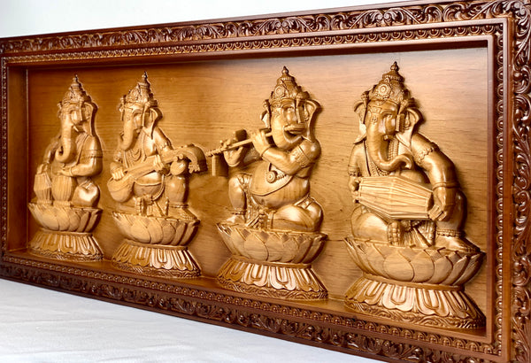 Lord Ganesh Musical Panel 12" x 28" - A wood panel of the Musical Vignahartas