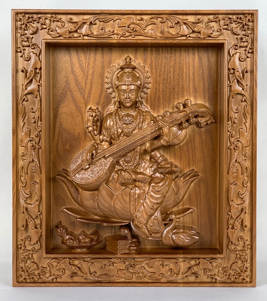 Goddess Saraswathi - Ash wood panel 15" x 13"